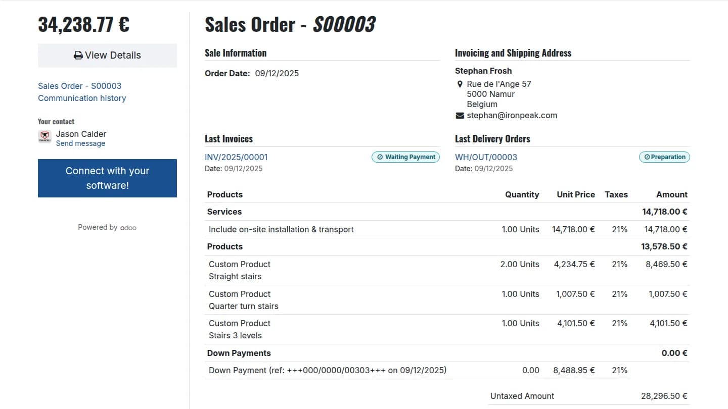Odoo Sales Order Detailansicht mit Kundenportal, Auftrag S00003 und Rechnungen — onboos begleitet KMU im DACH-Raum bei der strukturierten Odoo-Einführung mit klarem Scope und Festpreis